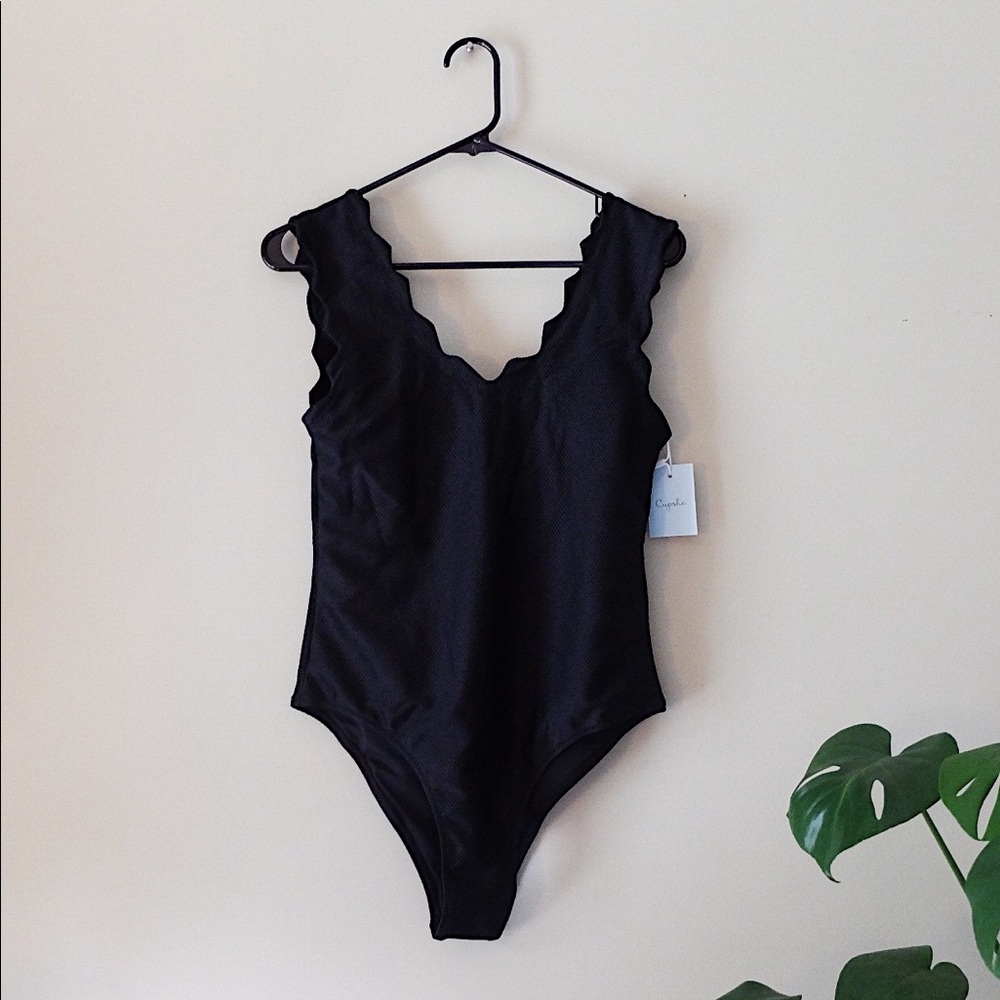 Black Crystal Scalloped V Neck One Piece Swim Suit